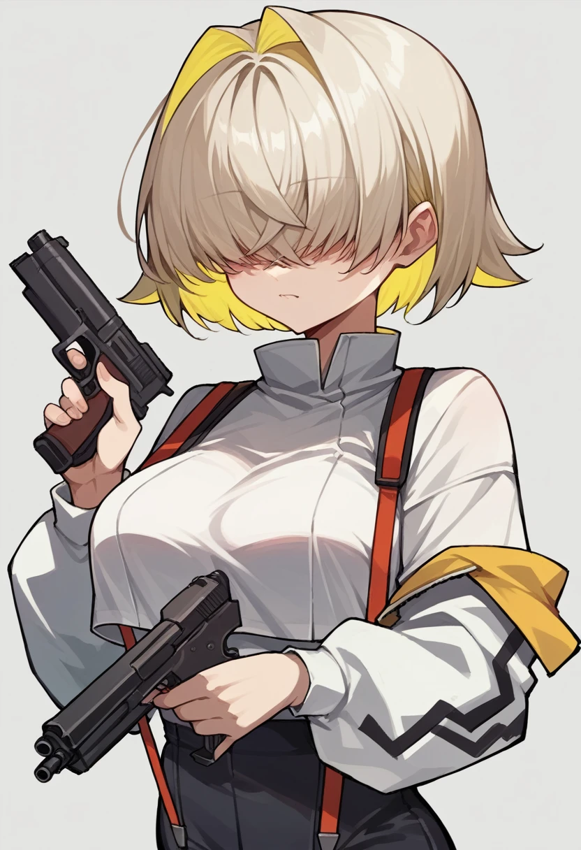 score_9, score_8_up, score_7_up, source_anime, 1girl, hair covering eyes, multicolor hair, short hair, cropped jacket, white shirt, suspenders, holding a gun with two hands