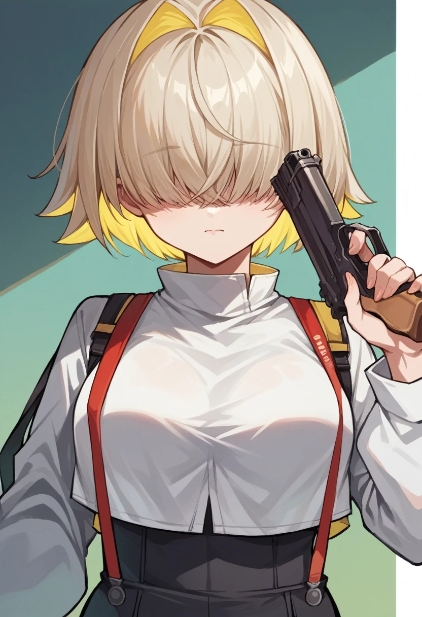 score_9, score_8_up, score_7_up, source_anime, 1girl, hair covering eyes, multicolor hair, short hair, cropped jacket, white shirt, suspenders, holding a gun with two hands