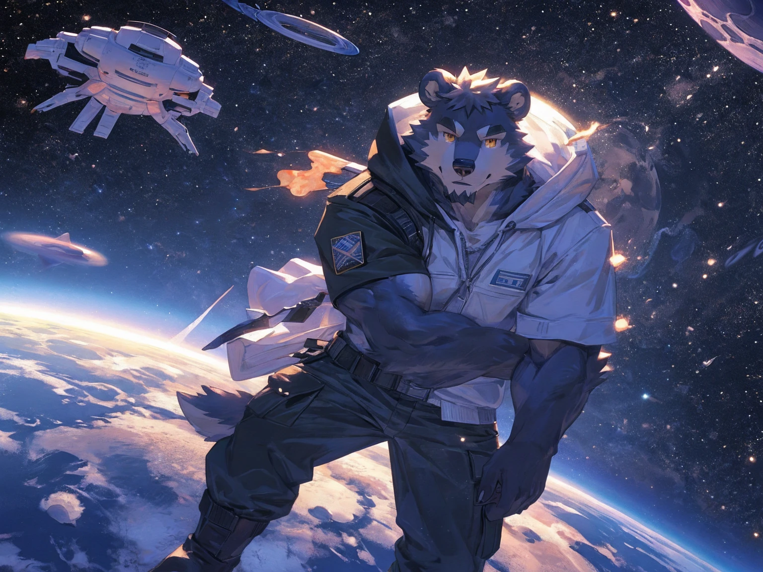 (masterpiece:1.2), best quality,pixiv,official art,perfect anatomy, (Ray tracing, light),solo, (1_male:1.3) , (muscle), (grey fur:1.4), (muscle bear), (beard:1.2), (gleaming golden eyes), bear tail, full body, Thick black eyebrows,(open hooded parka), (naked inside), (cargo pants:1.2), boots , (in the space:1.3) , star , planet , earth , asteroid , (character floating :1.3)