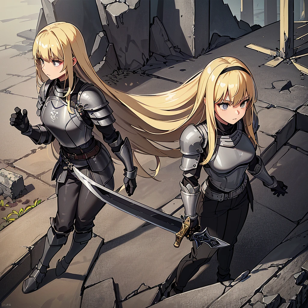 (((Solo)))、Best illustrations、Best Quality、(Full body character concept、detailed)、(((Simple grey armor、Black trousers、Black gloves、woman、18-year-old、Blonde、Long Hair)))、(((Grab the sword、Get Ready)))、(From below)、(Old ruins、desert)、Fall to the floor、(Black, muddy swamp)、From above