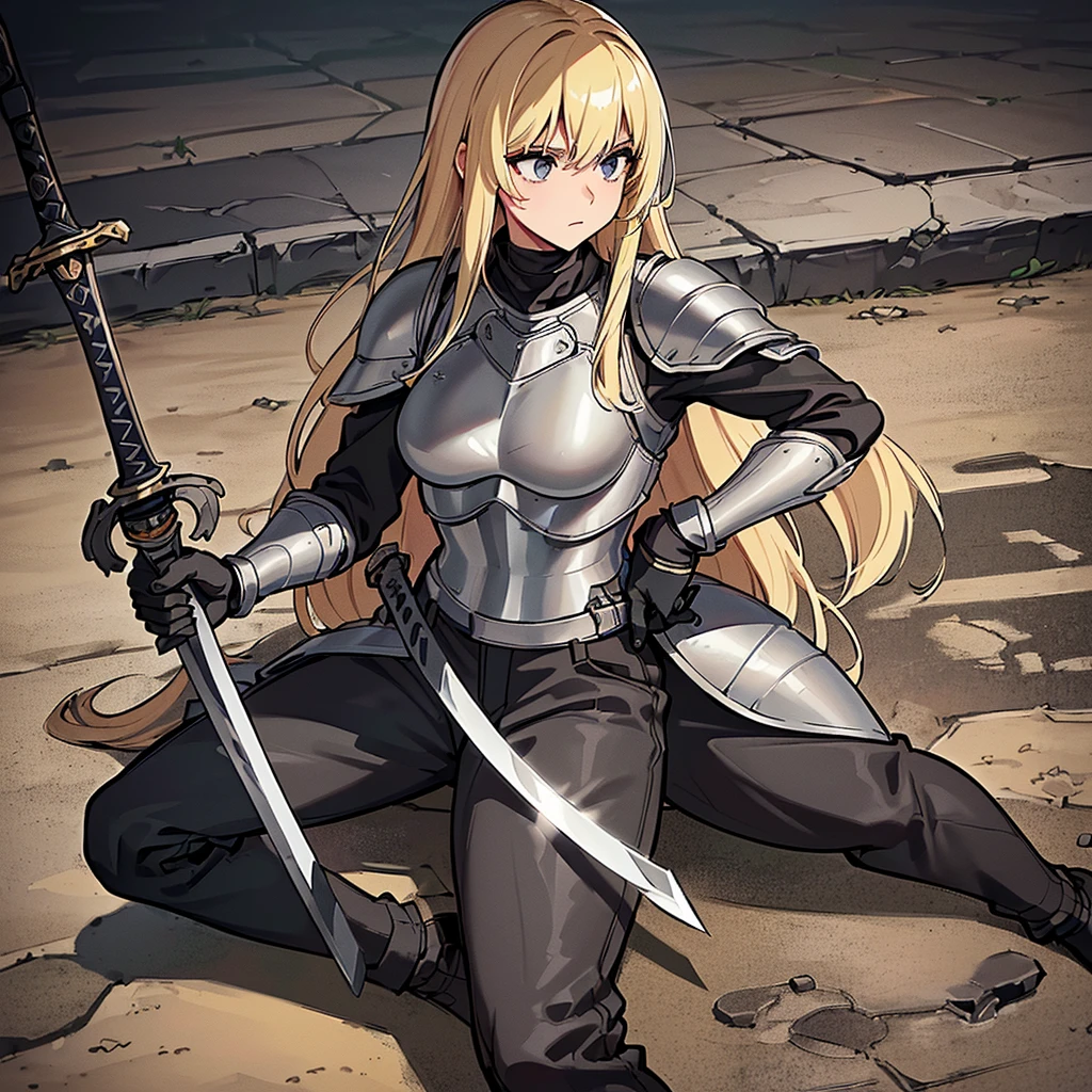 (((Solo)))、Best illustrations、Best Quality、(Full body character concept、detailed)、(((Simple grey armor、Black trousers、Black gloves、woman、18-year-old、Blonde、Long Hair)))、(((Grab the sword、Get Ready)))、(From below)、(Old ruins、desert)、Fall to the floor、(Black, muddy swamp)、From above