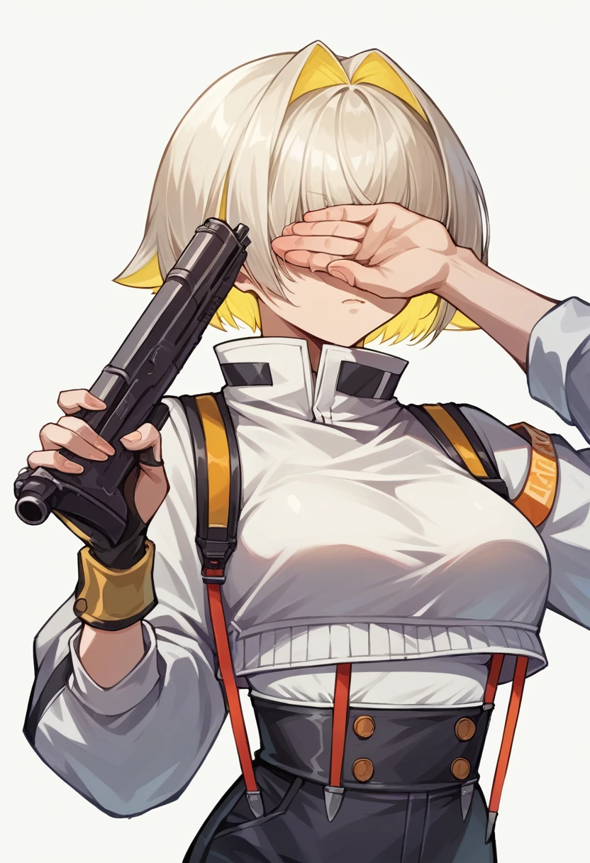 score_9, score_8_up, score_7_up, source_anime, 1girl, elegg,  hair covering eyes, multicolor hair, short hair, cropped jacket, white shirt, suspenders, holding a gun with two hands