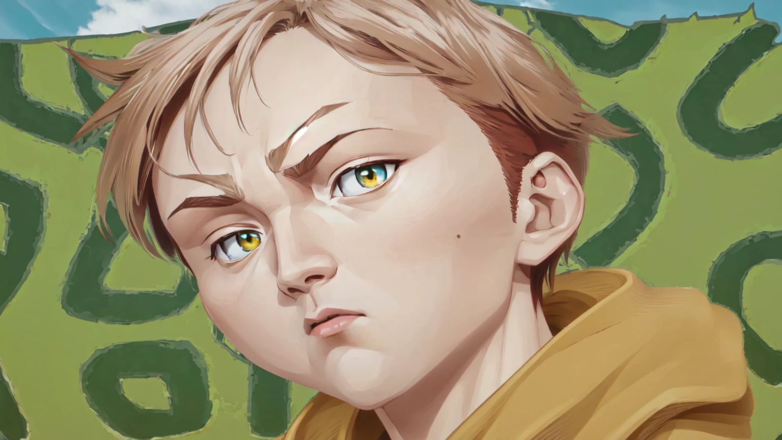 a close-up of a young man in a yellow jacket, in the anime film, orange hair anime boy, as anime character, toru furuya, boy with neutral face, manga style of kentaro miura, in an anime, kentaro miura manga style, toru narita, Shinkai Makoto, kentaro, bright, detailed eyes, more detailed hair, mouth with less filling, A more muscular and full neck, consistent with the size of the head, with only two eyebrows, one above each eye, Ultra detailed 8k image