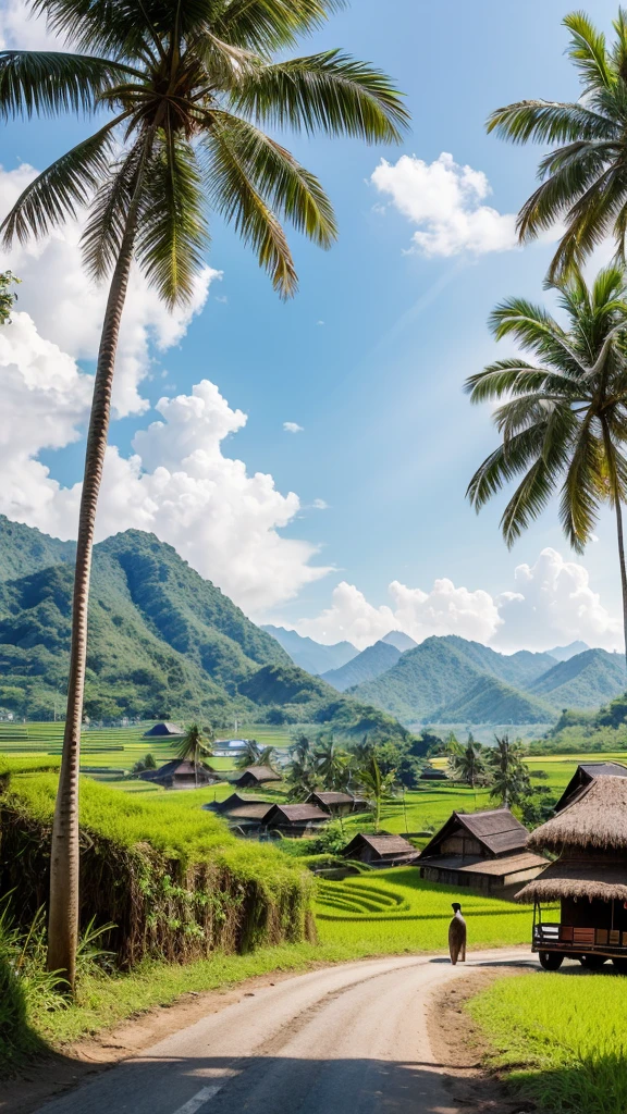 A realistic image of Thai northeastern countryside landscape, hill,sunshine,bird, grass, rice field, cart, palm tree, sugar palm, bamboo hut, coconut tree, earth road
