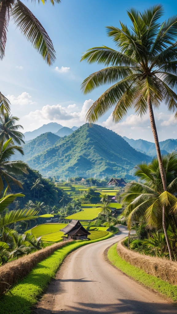 A realistic image of Thai northeastern countryside landscape, hill,sunshine,bird, grass, rice field, cart, palm tree, sugar palm, bamboo hut, coconut tree, earth road
