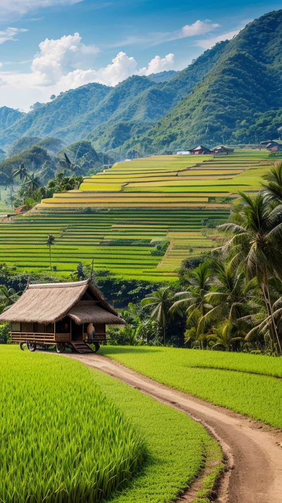 A realistic image of Thai northeastern countryside landscape, hill,sunshine,bird, grass, rice field, cart, palm tree, sugar palm, bamboo hut, coconut tree, earth road