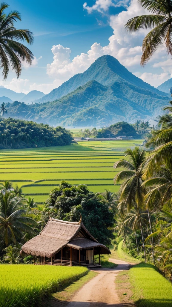 A realistic image of Thai northeastern countryside landscape, hill,sunshine,bird, grass, rice field, cart, palm tree, sugar palm, bamboo hut, coconut tree, earth road
