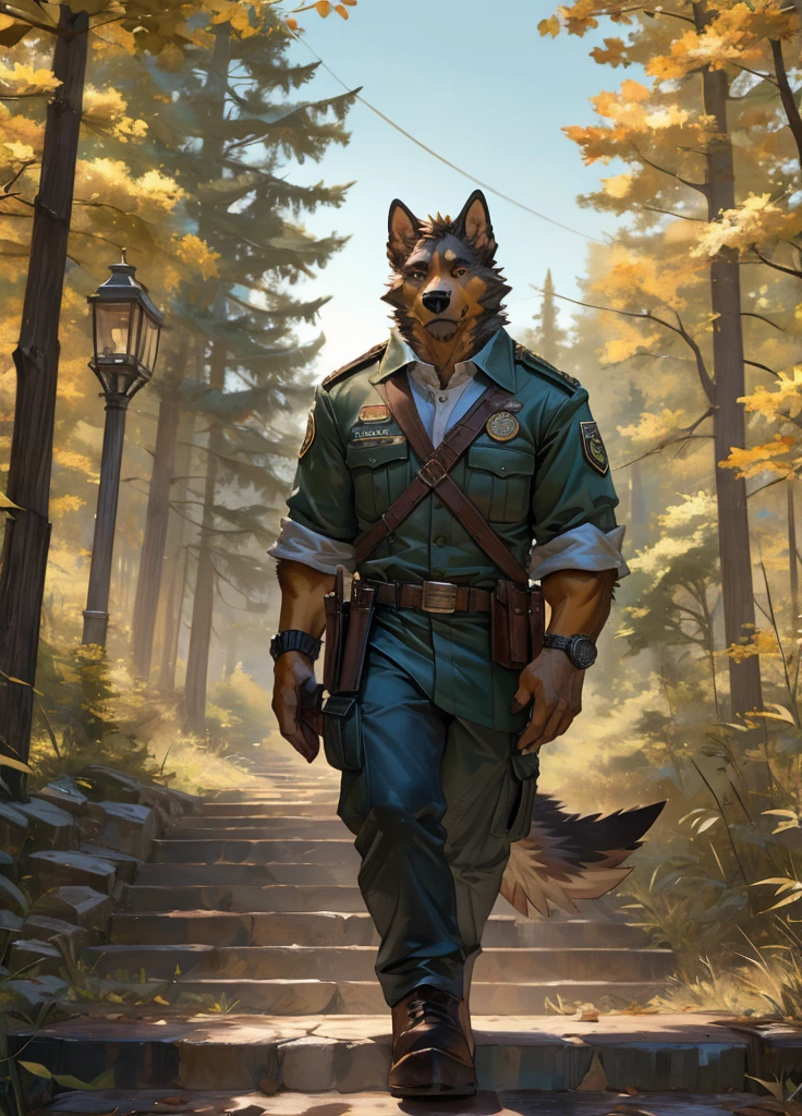 By Taran Fiddler, one man, anthro canine (irish wolfhound), hound dog breed, brown fur, dilf, wrinkly face, bushy eyebrows, wearing park ranger uniform, stern facial expression, looking away from viewer, walking up a set of stairs, walking up watch tower staircase, forest background, national park in the background, watch tower in the background