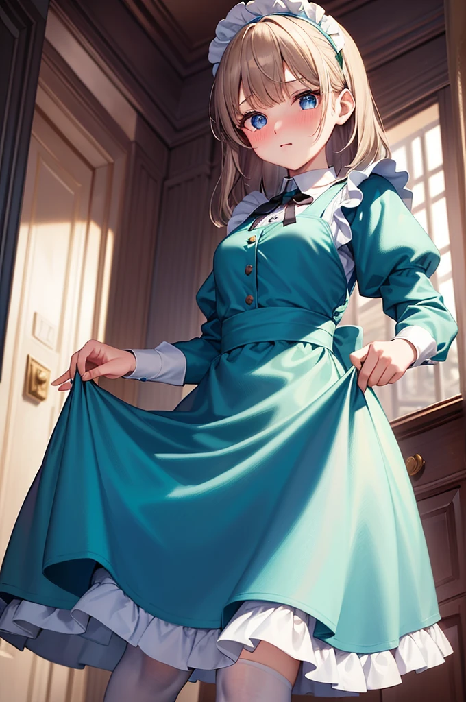 masterpiece, best quality,1girl, solo,whtie hair,medium hair,blue eyes,long sleeves,juliet sleeves,apron,maid,maid headdress,puffy sleeves,green dress,vest,buttons, white thighhighs,standing, looking at viewer, nose blush, (holding mop:1.2), (from below:1.3),