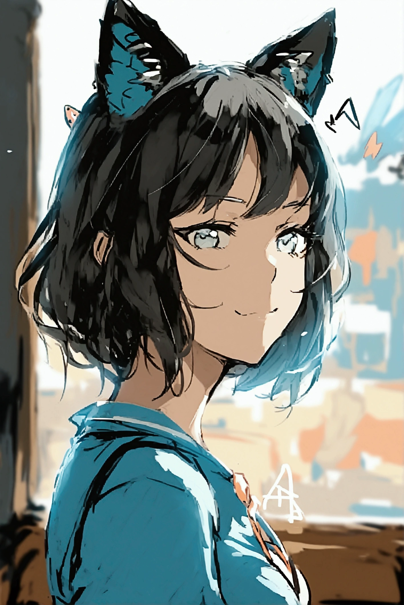 beautiful girl, black hair with cat ears, blue shirt