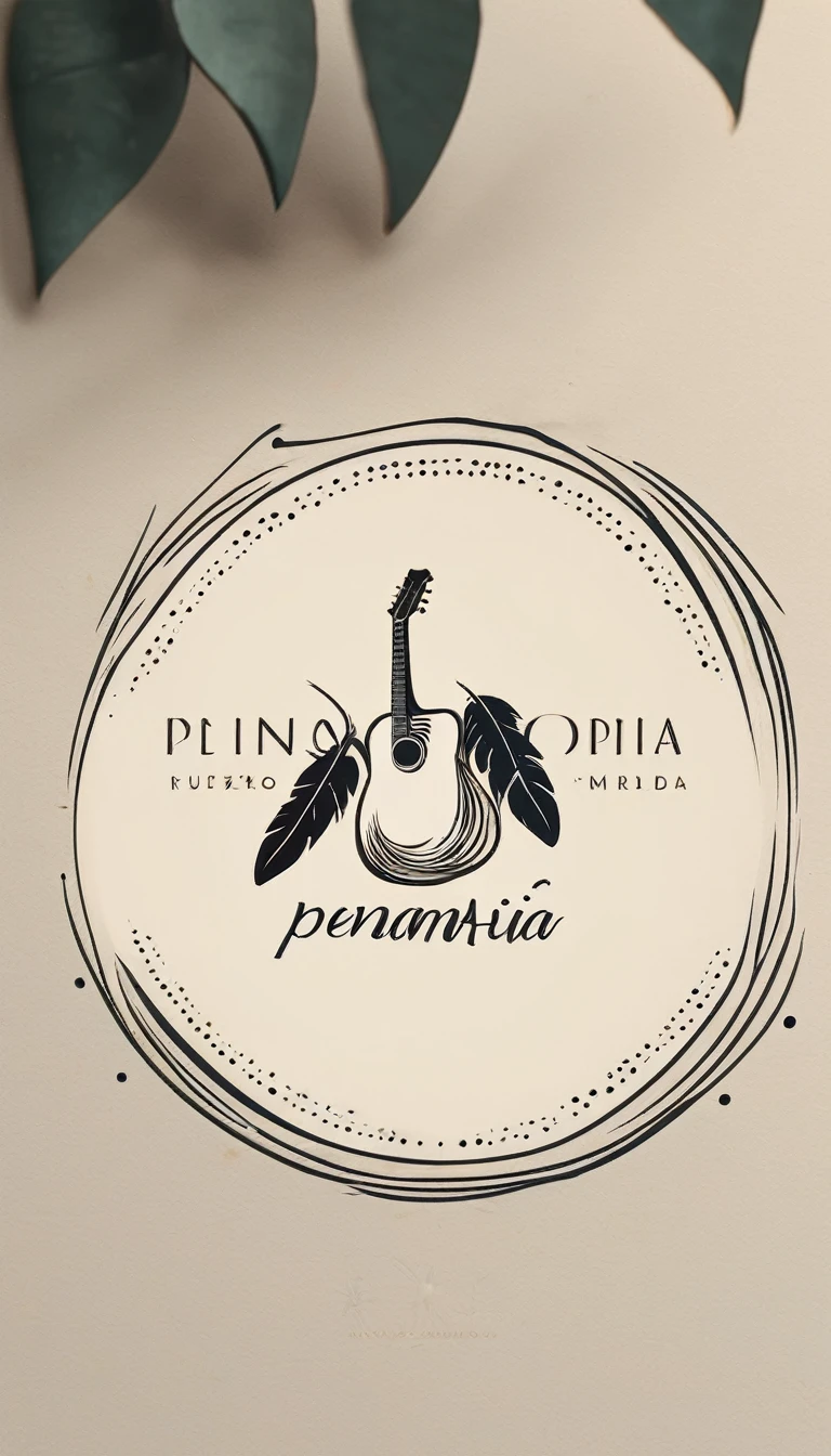 A minimal, modern, simple, cinematic logotype for the brand “Penamemoria". The logotype must be a simple, magical feather and a boy playing acoustic guitar. The logo must convey a sense of music, stories and dreams. Logo design impressed on a book cover. Minimalistic logo   