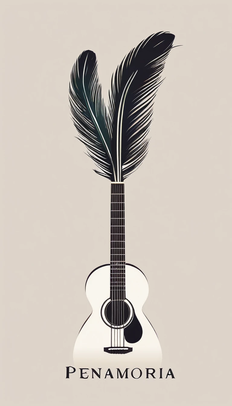 A minimal, modern, simple, cinematic logotype for the brand “Penamemoria". The logotype must be a simple, magical feather and a boy playing acoustic guitar. The logo must convey a sense of music, stories and dreams. Logo design impressed on a book cover. Minimalistic logo