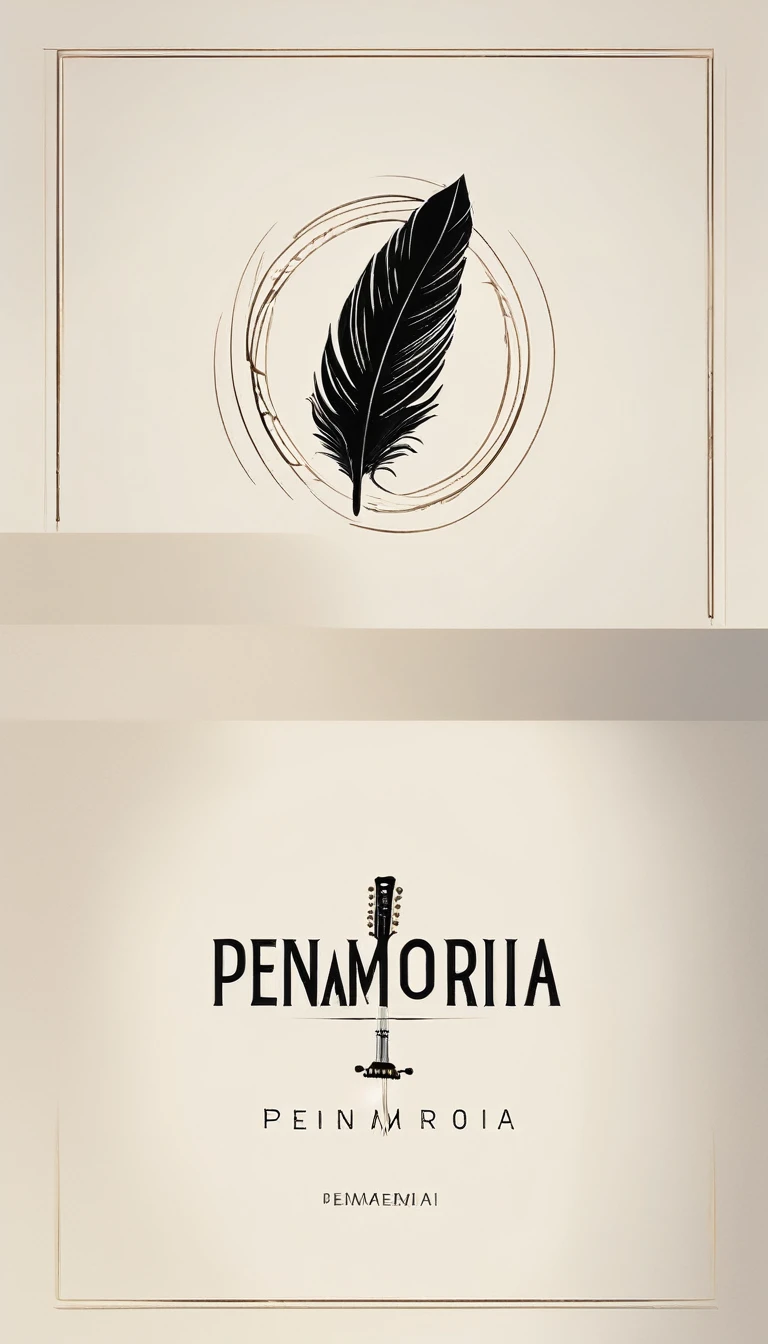 A minimal, modern, simple, cinematic logotype for the brand “Penamemoria". The logotype must be a simple, magical feather and a boy playing acoustic guitar. The logo must convey a sense of music, stories and dreams. Logo design impressed on a book cover. Minimalistic logo