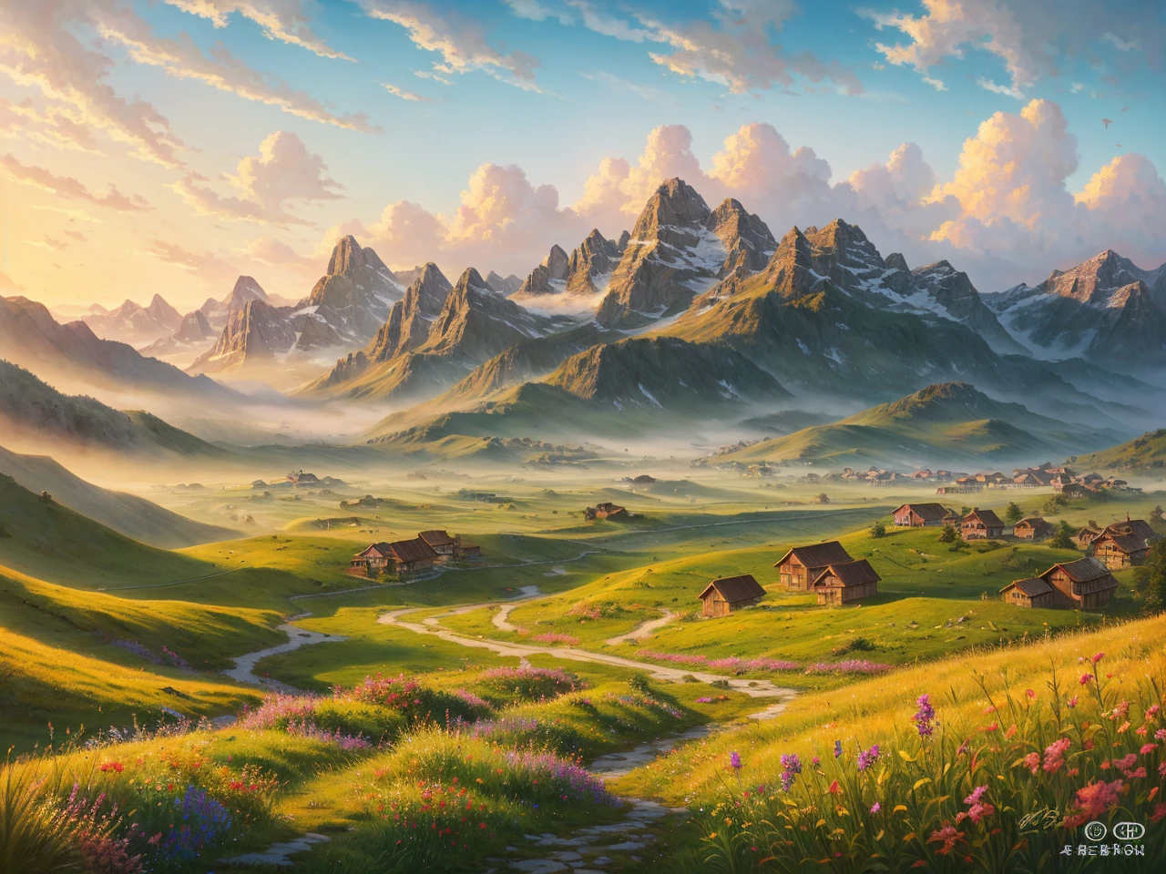 Best quality, masterpiece, super high resolution, (realism: 1.4), oil painting style, film lighting, endless grassland dotted with a few homes, I stood on the empty asphalt road and looked at it, the fairy mountains were foggy, and the cranes were flying