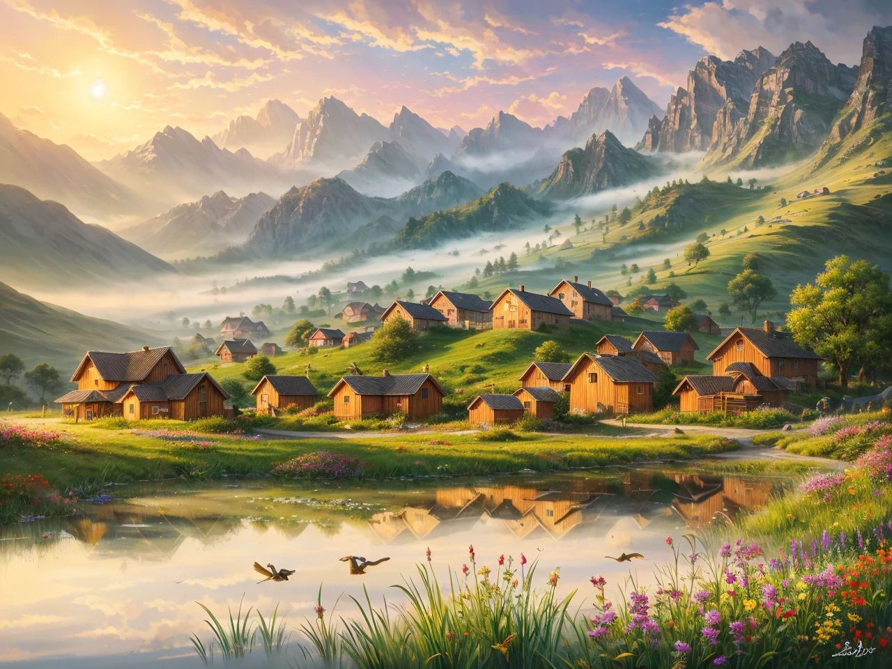 Best quality, masterpiece, super high resolution, (realism: 1.4), oil painting style, film lighting, endless grassland dotted with a few homes, I stood on the empty asphalt road and looked at it, the fairy mountains were foggy, and the cranes were flying