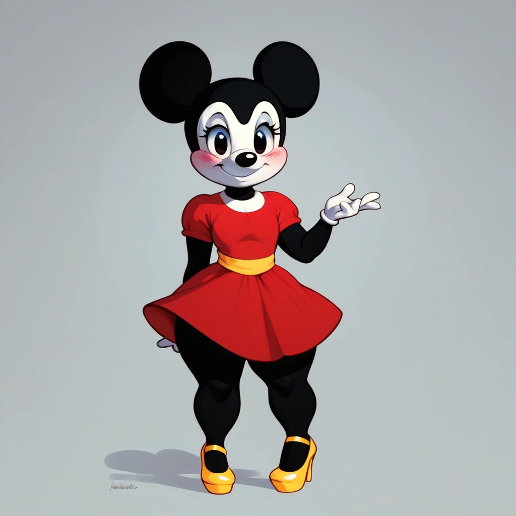 Furry, Minnie Mouse, shortstack, short stature, slightly blushed, disney cartoon artstyle, yellow heels, white spotted red dress, black body, black body