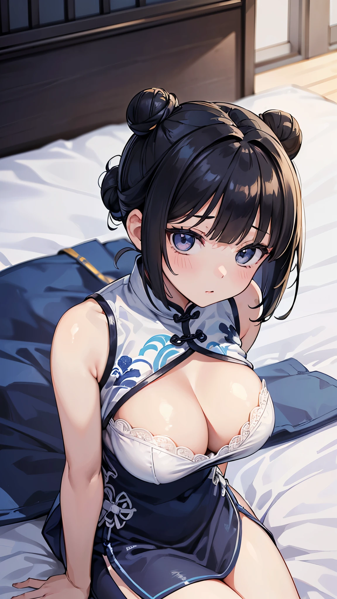 (masterpiece: 1.3、Highest quality、Ultra-high resolution、Very detailed)、(Real、Photorealistic: 1.4)、Beautiful illustrations、Perfect lighting、Natural light、Depth of the Boundary、Beautifully detailed hair、Beautifully detailed face、Beautiful details、Beautiful body、Firm chest、Beautiful thighs、Beautiful legs、Beautiful Hands、Show to the viewer、((((One Girl))))、Very cute girl、(Perfect Anatomy、Anatomically correct)、Cute and symmetrical face、、Perfect Face、Perfect Eyes、Shiny skin、((On the bed))、((Silk sheets))、(((Lie down)))、((25-year-old woman))、((Short black hair、Thin bangs、Rolled side bun))、((非常にLarge Breasts))、Cleavage、(((Large Breasts)))、Real、(live-action、Exquisite details))、((Blue and white porcelain cheongsam))、((Big black eyes))、(Short Chinese dress)、((Blue and white cheongsam))、((Leaning forward、Arms folded behind back))、Cowboy Shot