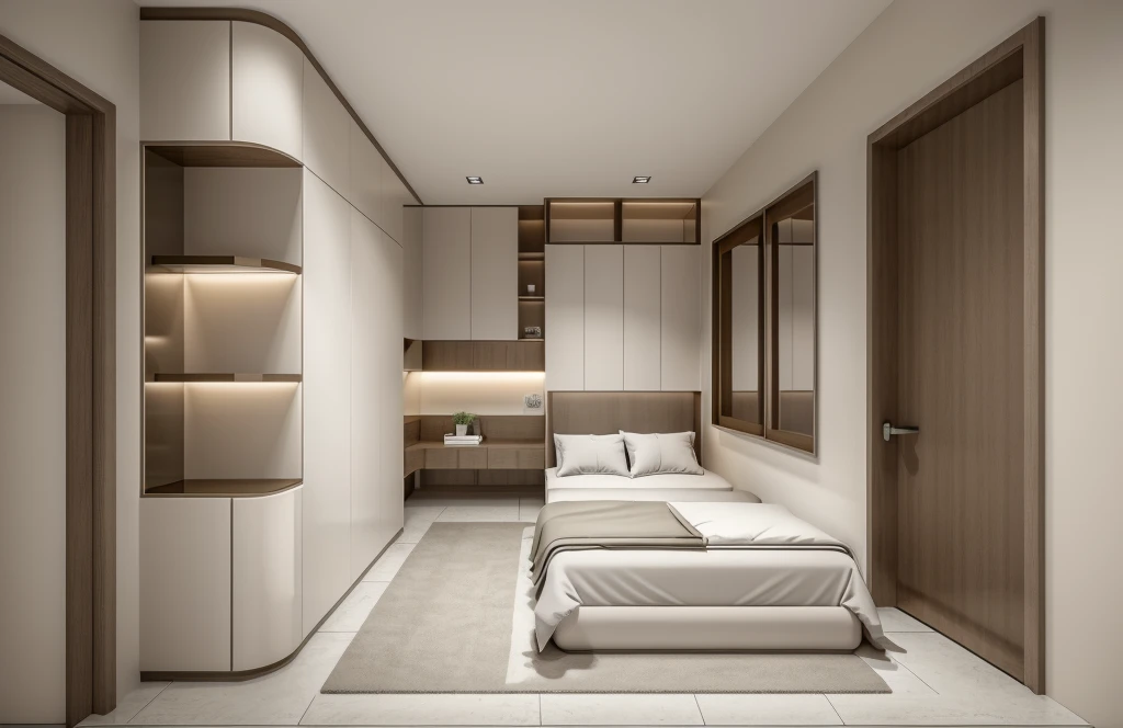 best quality, masterpiece, Interior design, cream tone, 1000k, industry style:1.2, bedroom