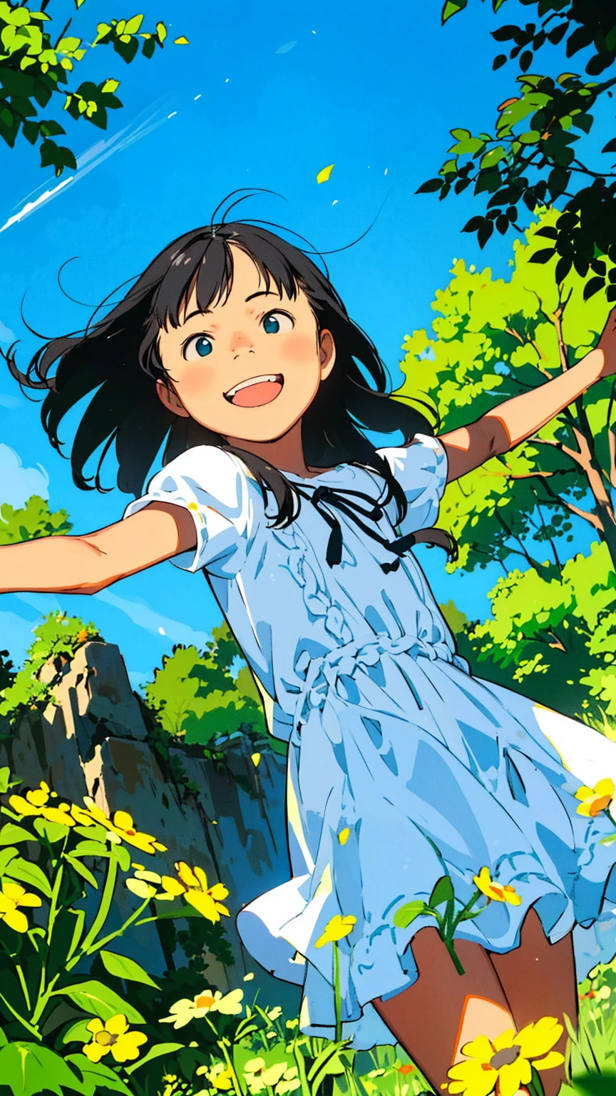 Reasonable design, Clear lines, High Sharpness, (Highest quality,8K,Perfect sharpness,Ultra fine,High resolution,masterpiece:1.2), Perfect Anatomy:1.5, Official Art, Illustrations that tell a story, (Whitish background:0. 9)、Body Positivity、多Mr.な身体表現、(Random and energetic poses)、Perfect beauty、Perfect beautiful face、Strong winds、A rich expression、Dynamic composition、smile、Golden ratio composition、colorful、((Mr.々Different angles and perspectives))、Anime Art、(Mini dress)、(Overcoming stereotypes)、 Glowing Skin、(Natural beauty)、smile、Bangs、(Soft and flowing hair)、(countryside)、(Nostalgic atmosphere)、Put it up to your thighs、(Playful and carefree)、(多Mr.な民族のキャラクター)、(innocent attitude)、(Sunny atmosphere)、(The skirt flutters wildly in the wind)、(Bright colors)、Beautiful Eyes、(Embarrassing)、Braided Hair、Summer Scene、Smiling among flowers、Angle from above、Side angle、