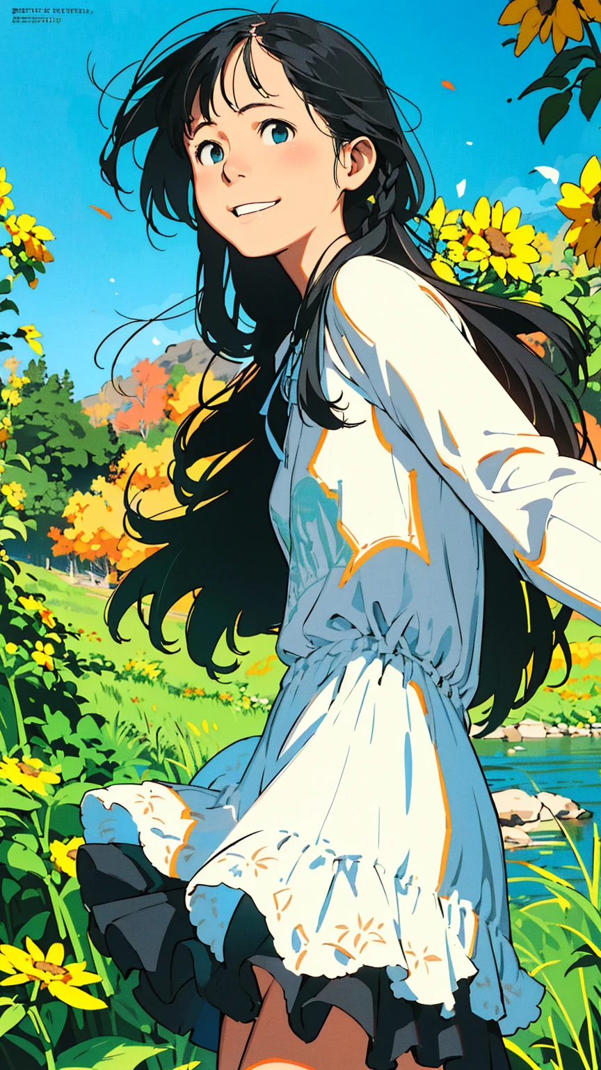 Reasonable design, Clear lines, High Sharpness, (Highest quality,8K,Perfect sharpness,Ultra fine,High resolution,masterpiece:1.2), Perfect Anatomy:1.5, Official Art, Illustrations that tell a story, (Whitish background:0. 9）、Body Positivity、多Mr.な身体表現、（Random and energetic poses）、Perfect beauty、Perfect beautiful face、Strong winds、A rich expression、Dynamic composition、smile、Golden ratio composition、colorful、（(Mr.々Different angles and perspectives)）、Anime Art、(Mini dress)、（Overcoming stereotypes）、 Glowing Skin、（Natural beauty）、smile、Bangs、（Soft and flowing hair）、（countryside）、（Nostalgic atmosphere）、Put it up to your thighs、（Playful and carefree）、（多Mr.な民族のキャラクター）、（innocent attitude）、（Sunny atmosphere）、(The skirt flutters wildly in the wind)、（Bright colors）、Beautiful Eyes、(Embarrassing)、Braided Hair、Summer Scene、Smiling among flowers、Angle from above、Side angle、