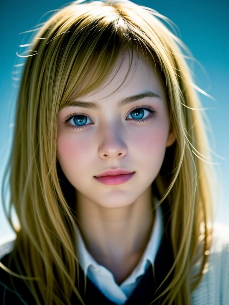 (Photo real:1.4), (Surrealism:1.4), (Soft lighting:1.05), 1 girl, teenager, blue eyes, Happy, Shy, Smile, (Look away:1.2), Close-up of face, Soft lighting, Backlighting, (最精致的真实Textured Skin), Very delicate face, Glowing skin, Retina, Anatomically correct, (Blonde wavy medium length hair:1.1), Bangs, Textured Skin, high quality, High Detail, best quality, high resolution, sweater