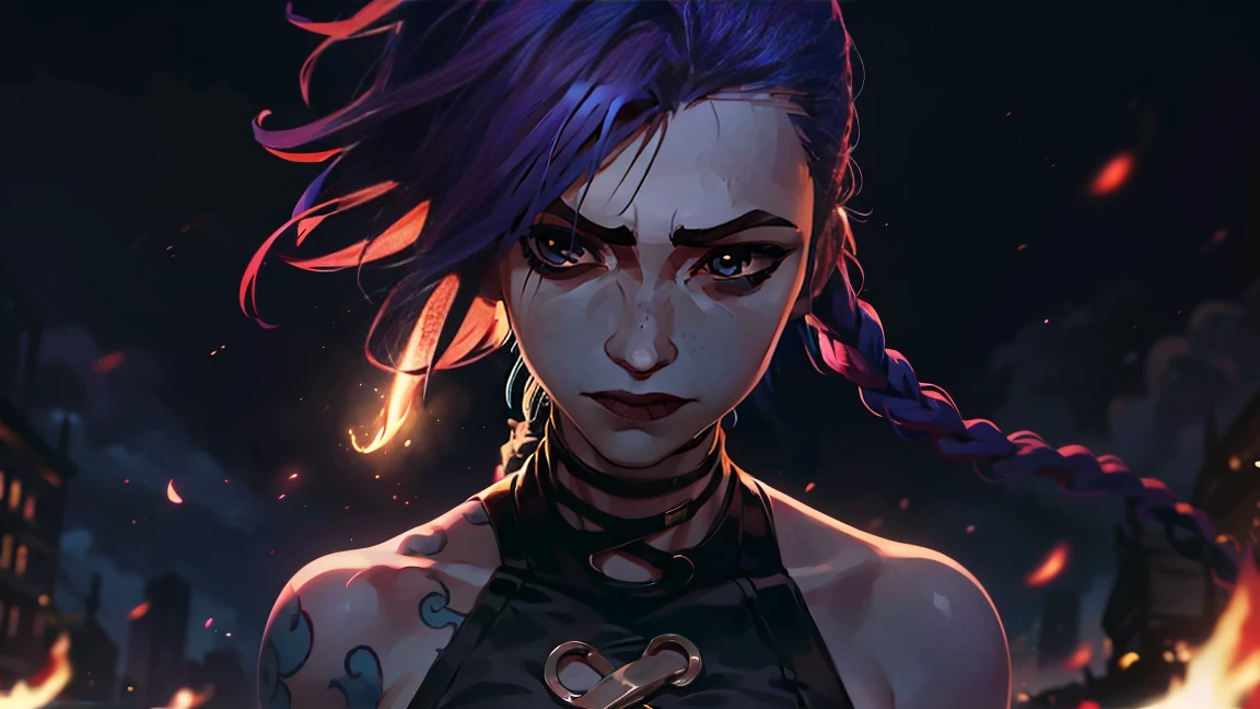 (masterpiece, Best quality), 1 girl, portrait very detailed face,, very sexy, crazy look, smile, crying, pink tears, tears on the cheeks, tears from eyes, full length (full body 1.1.), очень feminine, fighting stance, battle, fire, explosions, burning city, Beautiful waist, gloomy composition, flame, fire, Flash, very beautiful, feminine, long hair, hair braided in long braids, very sexy, tight leather pants, emphasis on the eyes, emphasis on the face, Beautiful face, Hands, Hair, Haired ponytail, red purple eyes, Джинкс crying, Blue cloud tattoo, (masterpiece, Best quality), Side lighting, beautiful detailed eyes, crazy face), (Best quality), (masterpiece), magic photography, Spectacular lighting, Photorealism, ultra detailed, intimate portrait composition, 1. 4,8 k UHD, aesthetic, Cd., A high resolution, 8 k, better lighting, Best shade, Ultra-HD, A high resolution, sharp focus, Complex background, Cinematic lighting, ((Landscape view)), 4K block, (better lighting), ((Cinematic lighting)),