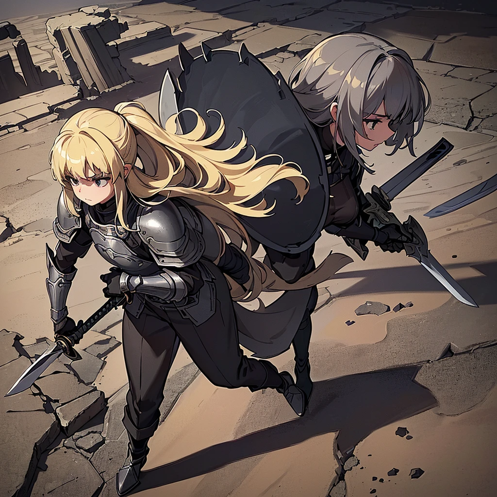 (((Solo)))、Best illustrations、Best Quality、(Full body character concept、detailed)、(((Simple grey armor、Black trousers、Black gloves、woman、18-year-old、Blonde、Long Hair)))、(((Grab the sword、Get Ready)))、(From below)、(Old ruins、desert)、Fall to the floor、(Black, muddy swamp)、From above