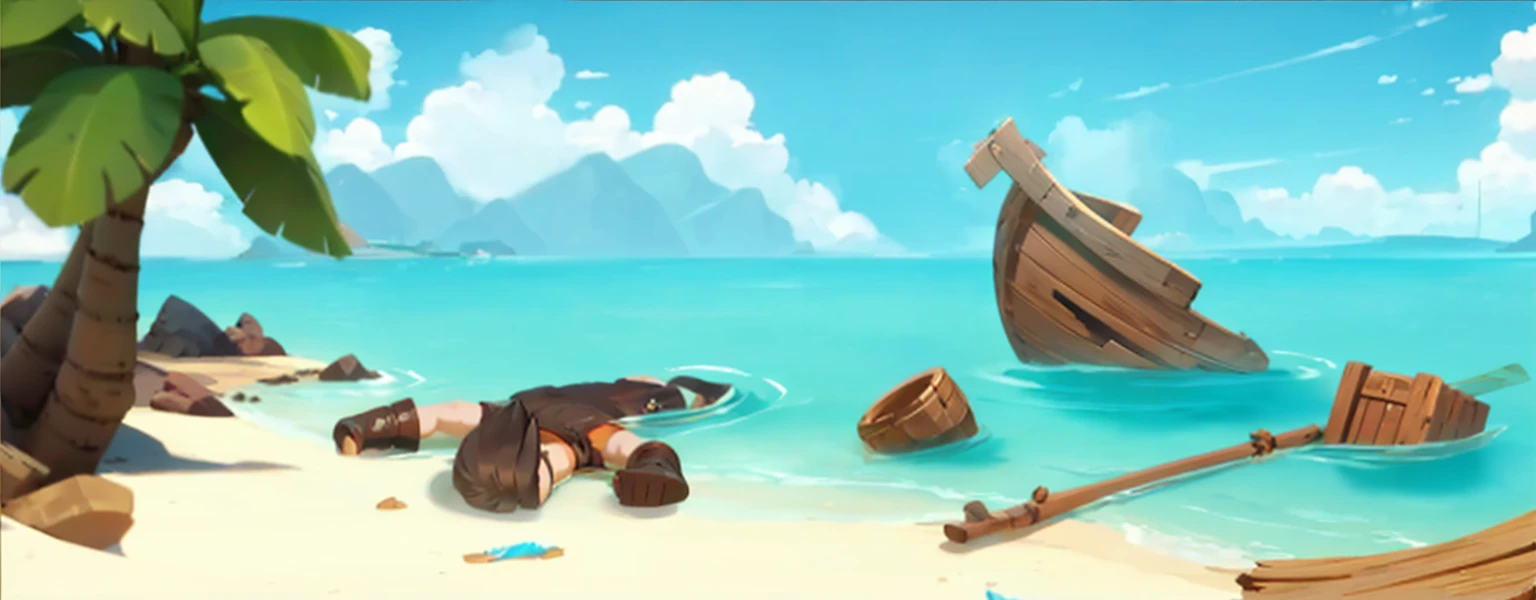 best quality, 4K, high resolution, masterpiece:1.2, Extremely detailed)warm sunlight,Blue sky and white clouds,Deserted island beach,Fragments of a ship,Wooden barrel floating on the sea,A man lying on the beach。Fantasy style.Concept Art, Pixar,, best quality,Clash Royale style