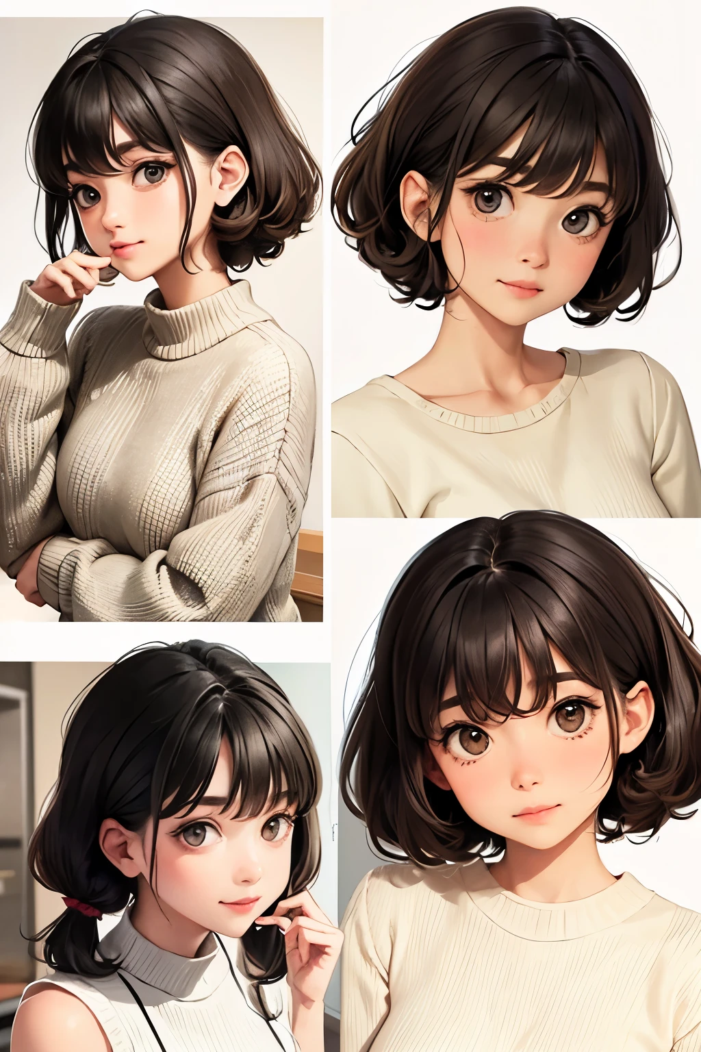 Shoulder sweater、Curly Short Hair、Hair Scrunchie、Twin tails、Cute pose、A face and pose that expresses deliciousness
