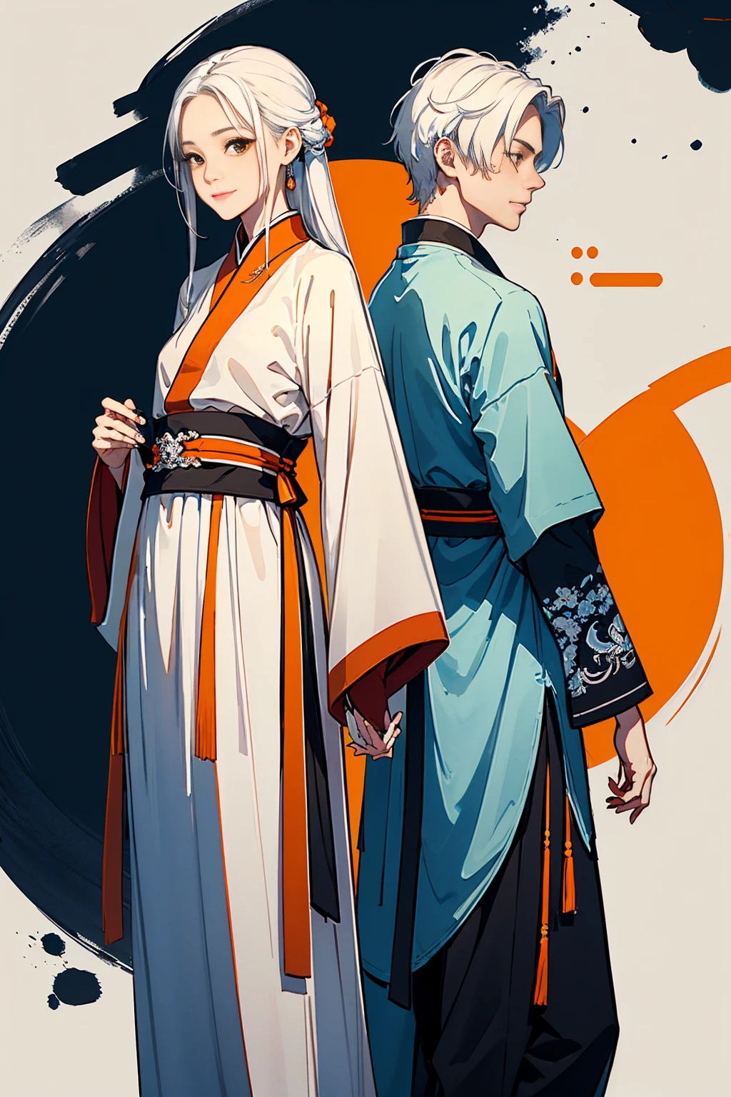 high quality , one white hair girl and one white hair boy, long hair, wuxia character, ((white clothes with blue and orange accent)), ink painting background, flat background, minimalist background, chinese wind pattern background, smiling, standing back to back