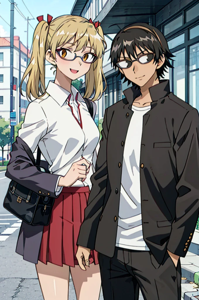 1 boy and 1 girl stand in the street,twintails,sawachika eri, brown eyes, hair ribbon,harimakenji, glasses, ,school uniform, red pleated skirt,eri,hairband, looking_at_viewer, serious, gakuran, white_shirt,smile,happy,two persons,