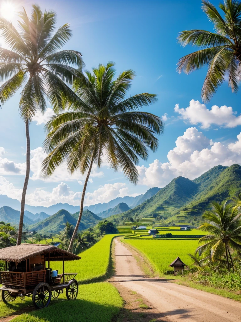 A realistic image of Thai northeastern countryside landscape, hill,sunshine,bird, grass, rice field, cart, palm tree, sugar palm, bamboo hut, coconut tree, earth road
