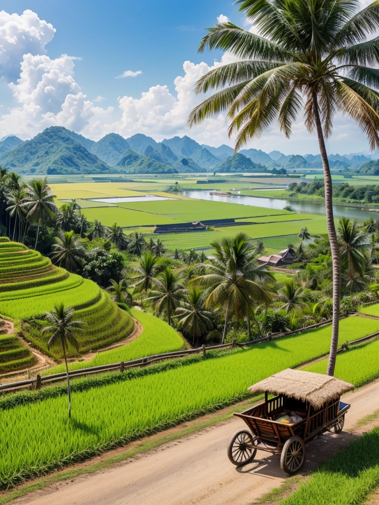 A realistic image of Thai northeastern countryside landscape, hill,sunshine,bird, grass, rice field, cart, palm tree, sugar palm, bamboo hut, coconut tree, earth road