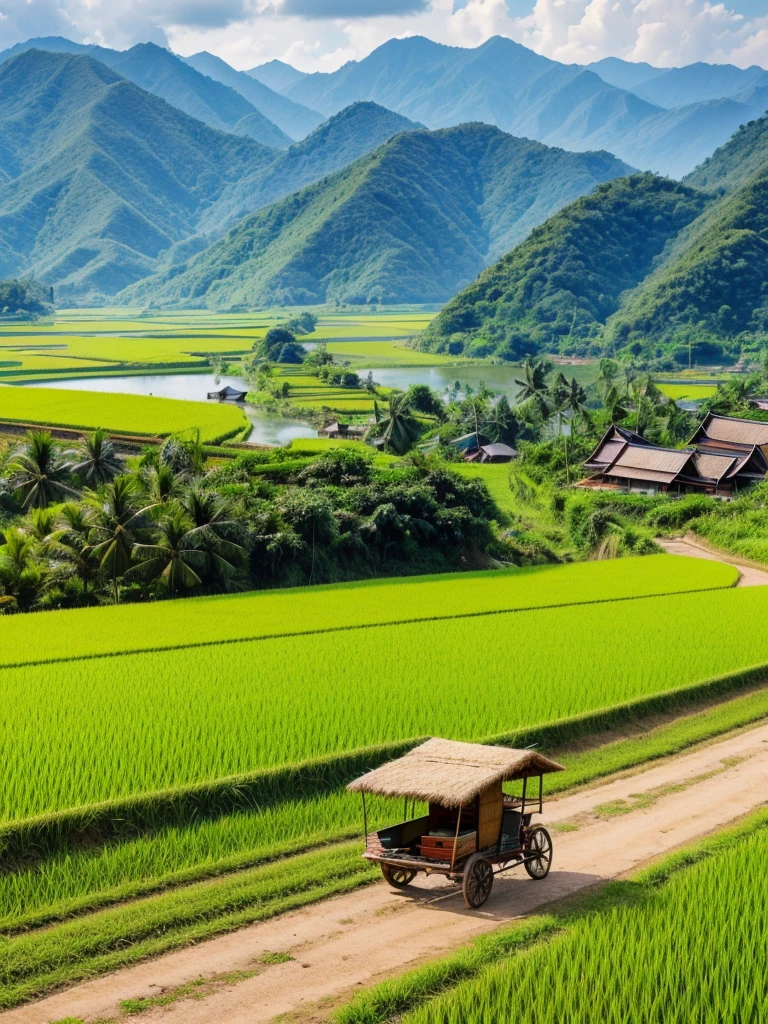 A realistic image of Thai northeastern countryside landscape, hill,sunshine,bird, grass, rice field, cart, palm tree, sugar palm, bamboo hut, coconut tree, earth road