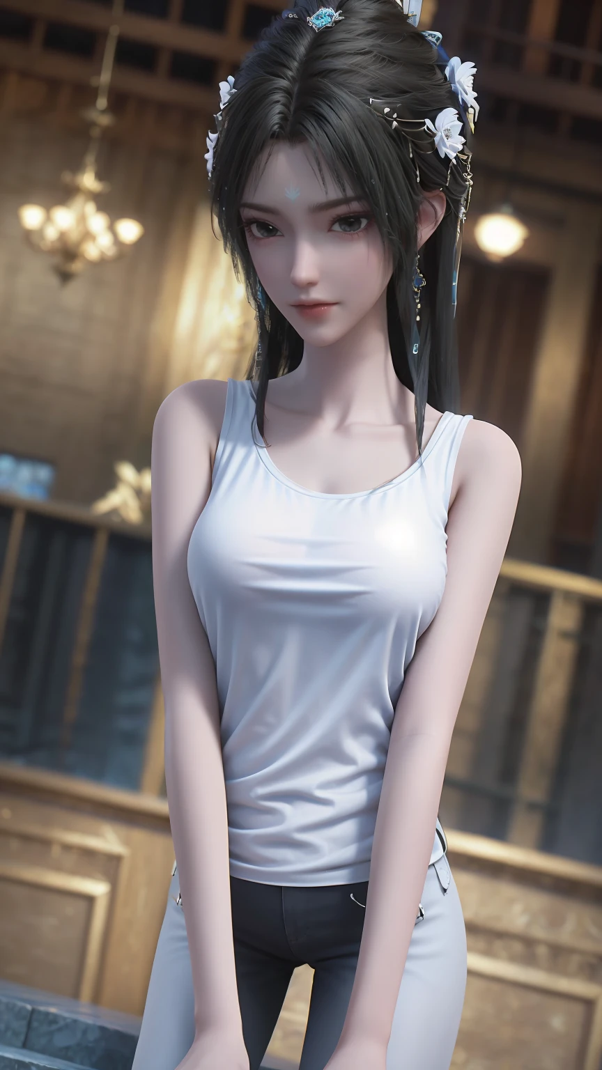 Close-up of miss wearing white mask, Beautiful character painting, Gu Weiss, Gurwitz-style artwork, Trance, author:Yang Jie, Epic and beautiful character art, Stunning character art, author:Fan Qi, by Wuzhun Shifan, pixiv Art Street Guviz, Long hair, insult, Tall and big, Long legs, (Sleeveless lace shirt), (shorts), (ed )), ((Strip, Walk, elegant, dignified, miss, Beautiful curves, sweet smile, Strong sense of detail and layering, Rich and colorful color, Has a unique texture, rich and colorful, color, vivid, Design Art, 16K, Very detailed, {{illustration}}, {Extremely refined}, {Exquisite surface treatment}, Very detailed, Delicate and shining eyes, {{Light}}, 极致灯Light效果, Model: realism, CFG size: 12, Laura: Bright texture (1.35), high quality, masterpiece, Exquisite facial fea Delicate hair depiction, Detailed depiction of the eyes, masterpiece, best quality, Light line tracing, Extremely detailed CG unified 8k wallpaper, masterpiece, best quality, (1 girl), Perfect body, (((tight white t shirt))), beautiful eyes, (Delicate face), Long hair, Loose hair, Light blue hairpin, in class, (White skin), (Optimal Lighting), (Super intricate details), 4K Unified, (Very detailed CG), Showing off her white legs, , Hot Pants, shorts,性感Long legs, Thin waist, Sweat is running down my waist, Showing belly, Extremely detailed depiction, Transparent clothes, Hands on thighs, 把目Light移开, 8k resolution, Raise an eyebrow, Shiny hair, flower head, Wristband, bandage,Leather sexy pose, simpley background, Climbing towards the audience, Kitten pose, Get on all fours