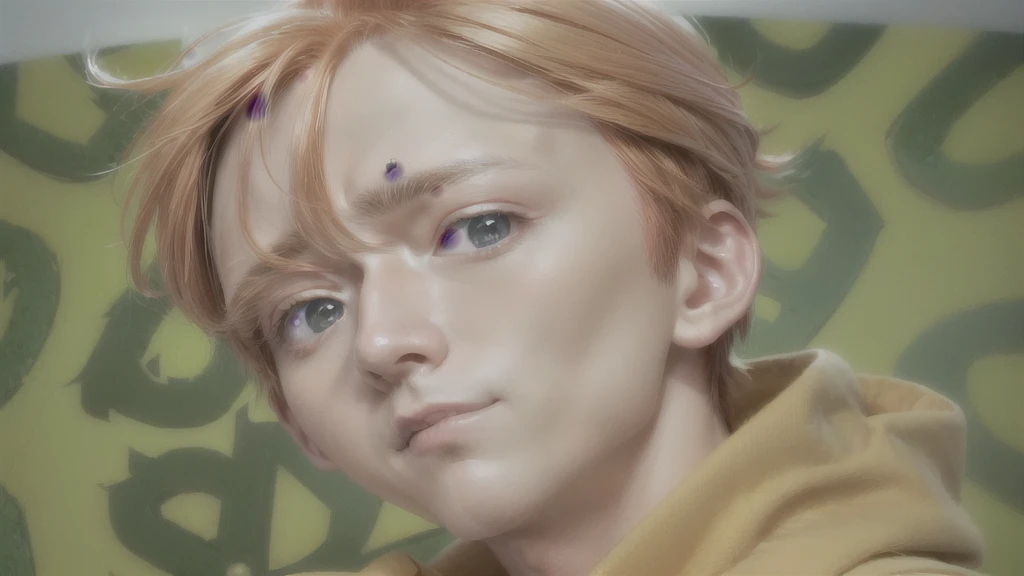 a close-up of a young man in a yellow jacket, in the anime film, orange hair anime boy, as anime character, toru furuya, boy with neutral face, manga style of kentaro miura, in an anime, kentaro miura manga style, toru narita, Shinkai Makoto, kentaro, bright, detailed eyes, more detailed hair, mouth with less filling, A more muscular and full neck, consistent with the size of the head, with only two eyebrows, one above each eye, Ultra detailed 8k image