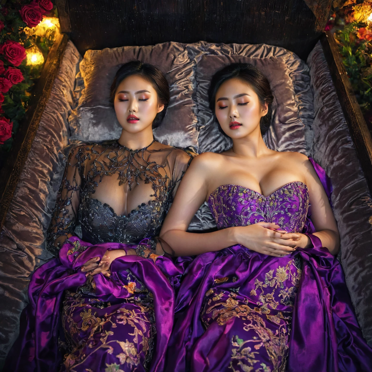 In a striking 8K HDR scene, a stunning Korean woman, 22 years old, lies peacefully in a black coffin surrounded by plush pillows. The deep box is set against a rich black background, accentuating the beauty of the subject. Her exquisite kebaya attire is embroidered with superb detail, showcasing her round and firm breasts, perfect cleavage, and beautiful eyebrows. Her closed eyes and mouth give an air of serenity, while her visible and absolute cleavage leave nothing to imagination. The scene is bathed in saturated colors, highlighting every intricate aspect from the ball skirt to her clean face, straight body, detailed hand perfect hands, straight body.