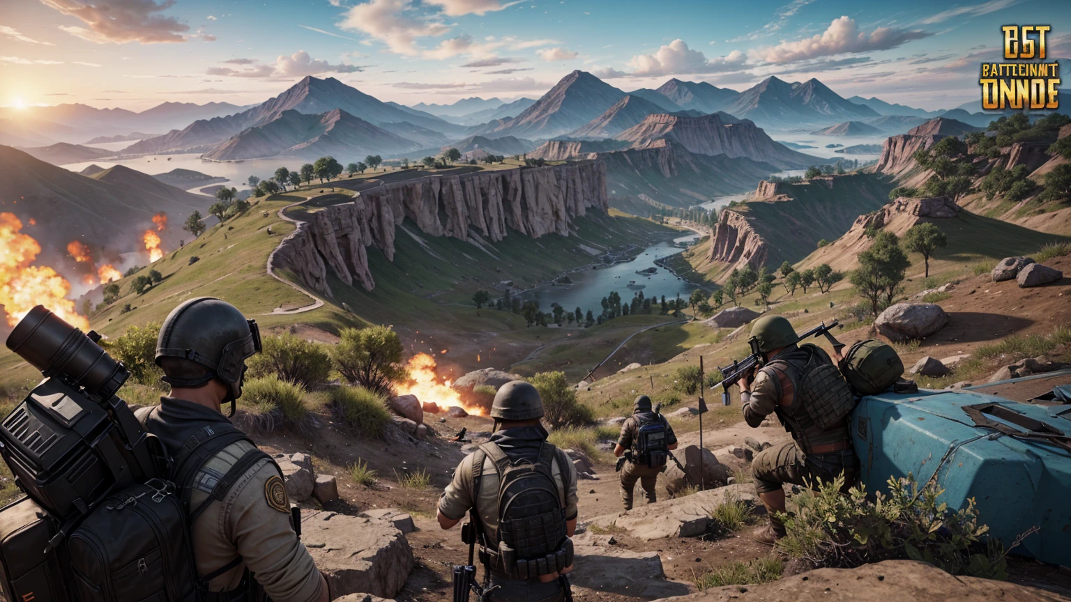 "Create a high-quality, eye-catching thumbnail for a 'BattleGrounds India PUBG BGMI' gaming video. The thumbnail should feature an intense in-game battle scene with vibrant colors, dynamic action poses, and a mix of characters and vehicles. Add bold, stylish text that says 'Epic Battle!' and 'Winner Winner Chicken Dinner!' with a modern, gaming-themed font. Ensure the overall design is visually striking and captures the excitement of the game."