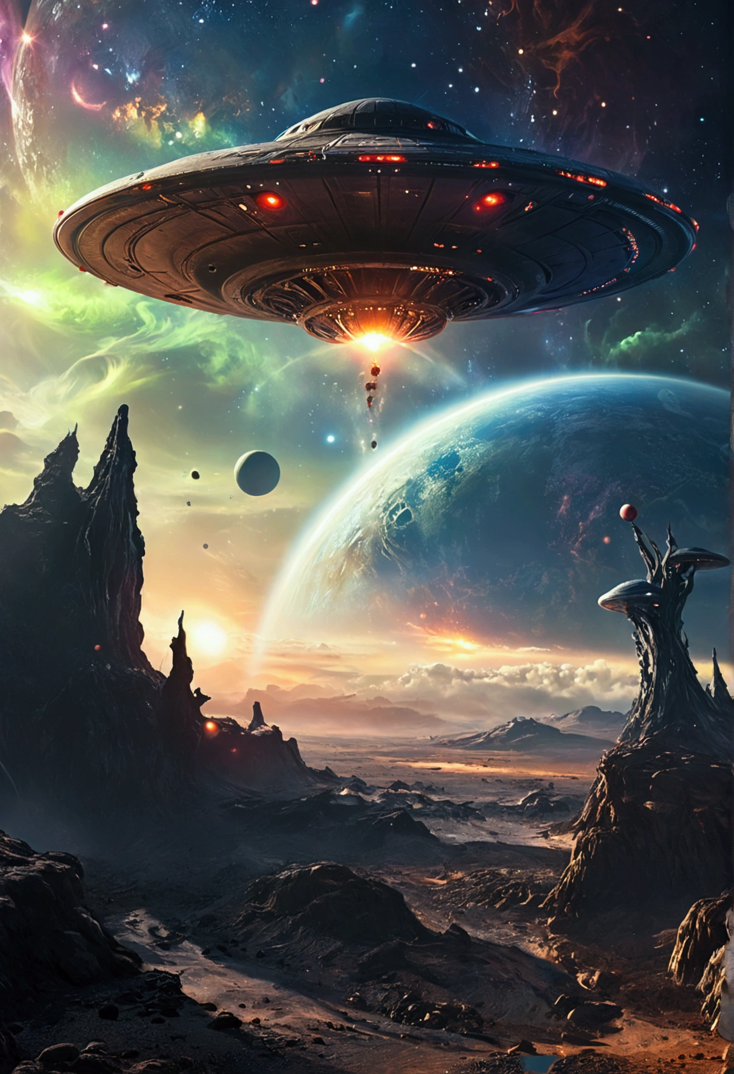 Alien from outer space ,planets in the background, ufo
