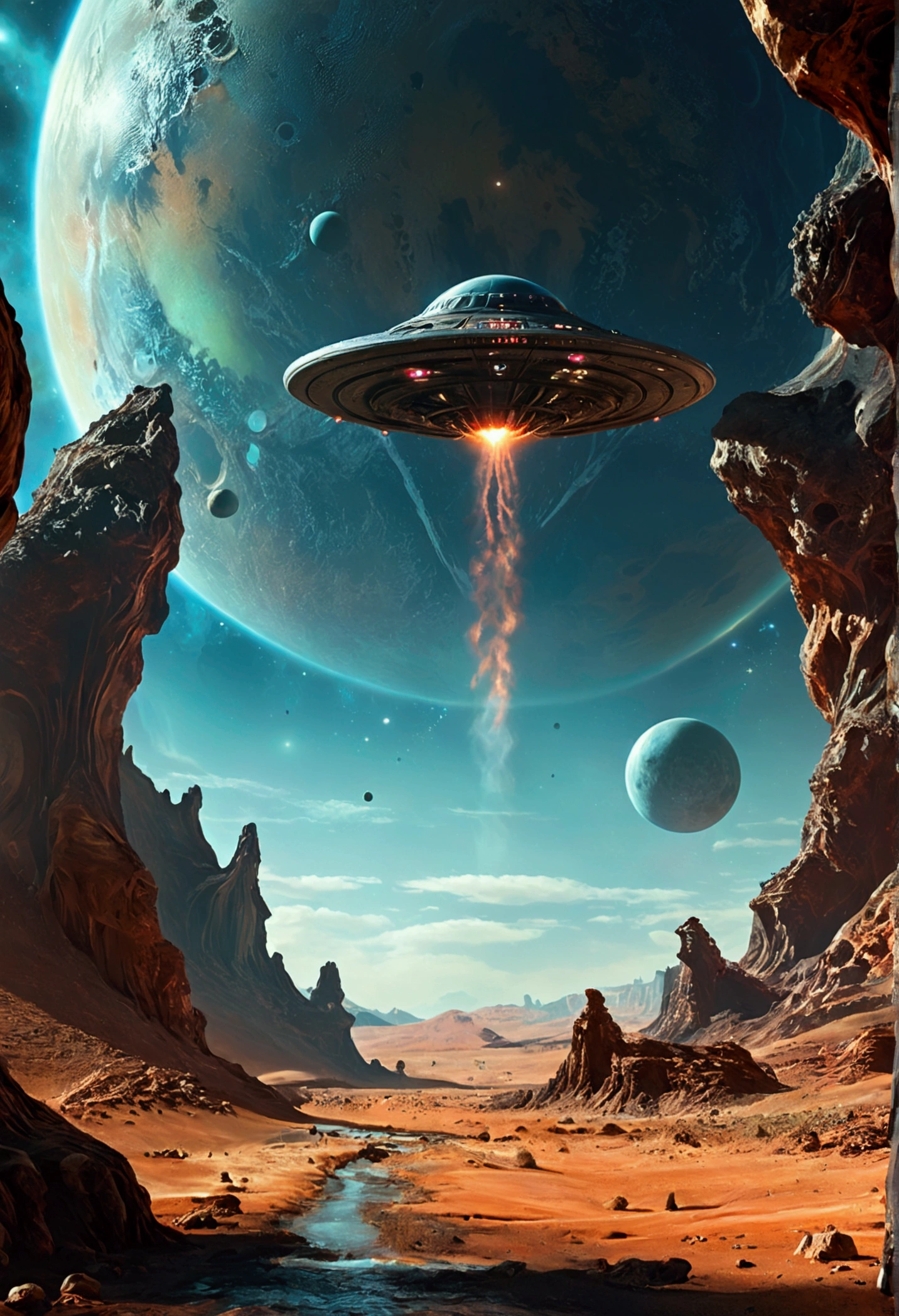 Alien from outer space ,planets in the background, ufo