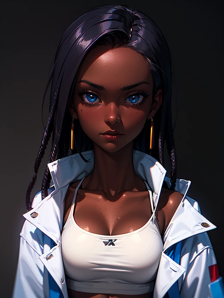 ((Portrait Photo)), She has an Athletic and Slender Appearance, with a Strong Build, Dark Skin and Relaxed Aura. She Expresses a Calm and Indifferent Look, Giving Off a Composed and Unfazed Attitude. She has Deep Blue Eyes, and Her Hair is Long and Black, with Dreadlocks Falling Over Her Forehead. She Wears an Open White Jacket, with a Sports Tank Top, Revealing Her Midriff. ((Portrait Photo, HDR, Dark Background))