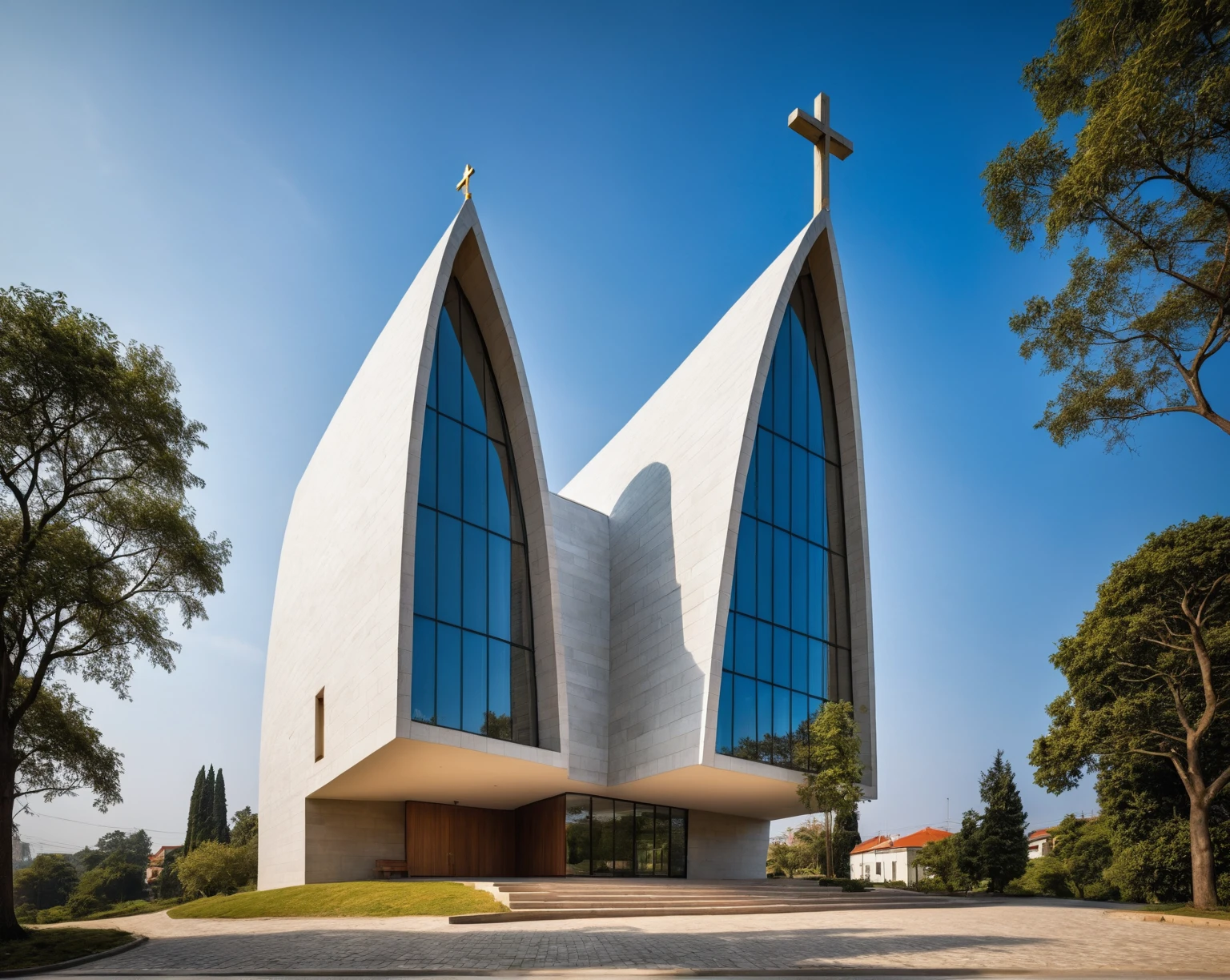 raw photo, best quality, ultra realistic, masterpiece, best quality skin, photography hd, dslr,
tcs, httlvn, modern church, road, people, house, facade design, outdoors, church, cross on top, building, scenery, curved shape building,
day light, sunshine,
View from a tree, dof view,
