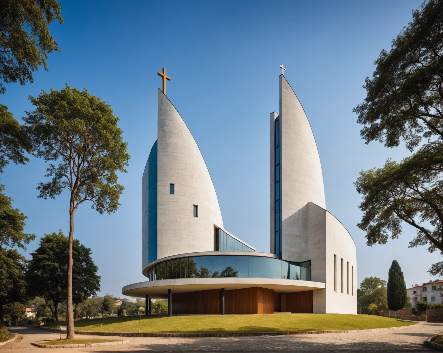 raw photo, best quality, ultra realistic, masterpiece, best quality skin, photography hd, dslr,
tcs, httlvn, modern church, road, people, house, facade design, outdoors, church, cross on top, building, scenery, curved shape building, 
day light, sunshine, 
View from a tree, dof view, 