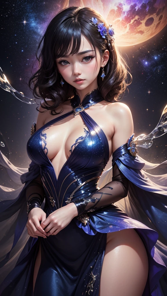 (masterpiece、Highest quality、beautiful:1.2)、(beautifulスプラッシュアート:1.6)、1 Girl、 Sapphire blue round eyes、Cosmic Eyeshadow Color、Enchanting eyelashes、Gathering sparkle in your round eyes、Glossy lip、Fair face、The gaze is fixed on the galaxy、Transparent, shiny skin、Fair Hand、Cosmic Dress、Agnes Cecil Style、Mysterious and enchanting atmosphere、Ingredients to mix、Intertwined material、A chaos of overlapping bright and transparent prism colors、Fine light scattering、(Thick and unstable strokes:1.2)、Spectacular galactic background