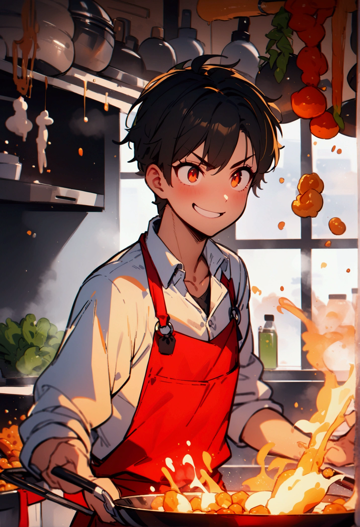 best quality, masterpiece, 8K, HD, man with stylish blond hair, wearing white shirt and red apron, dramatically frying food using a giant steel wok, in fully stocked kitchen, dramatic action pose, cheeky smile, vibrant colors, highly detailed