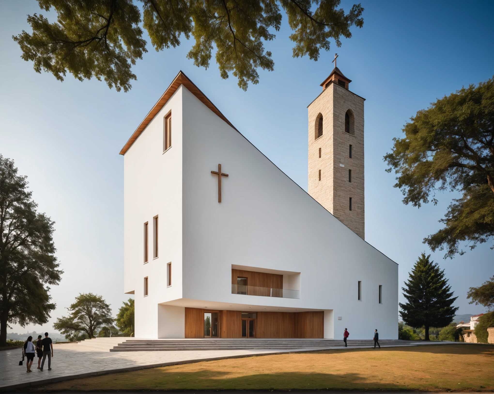 raw photo, best quality, ultra realistic, masterpiece, best quality skin, photography hd, dslr,
tcs, httlvn, modern church, road, people, house, facade design, outdoors, church, white walls, cross on top, curved shape building, 
day light, sunshine, 
View from a tree, dof view, 