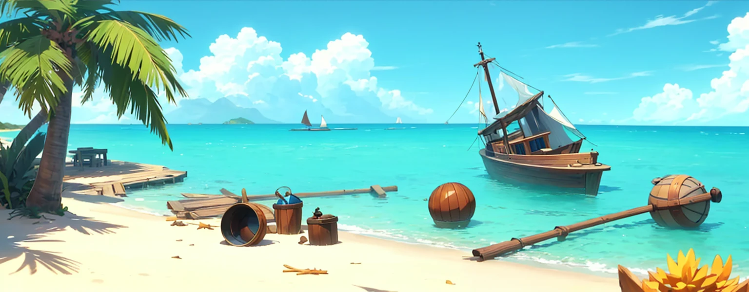 best quality, 4K, high resolution, masterpiece:1.2, Extremely detailed）warm sunlight,Blue sky and white clouds，Deserted island beach，Fragments of a ship，Wooden barrel floating on the sea，A man lying on the beach。Fantasy style.Concept Art, Pixar,, best quality，Clash Royale style
