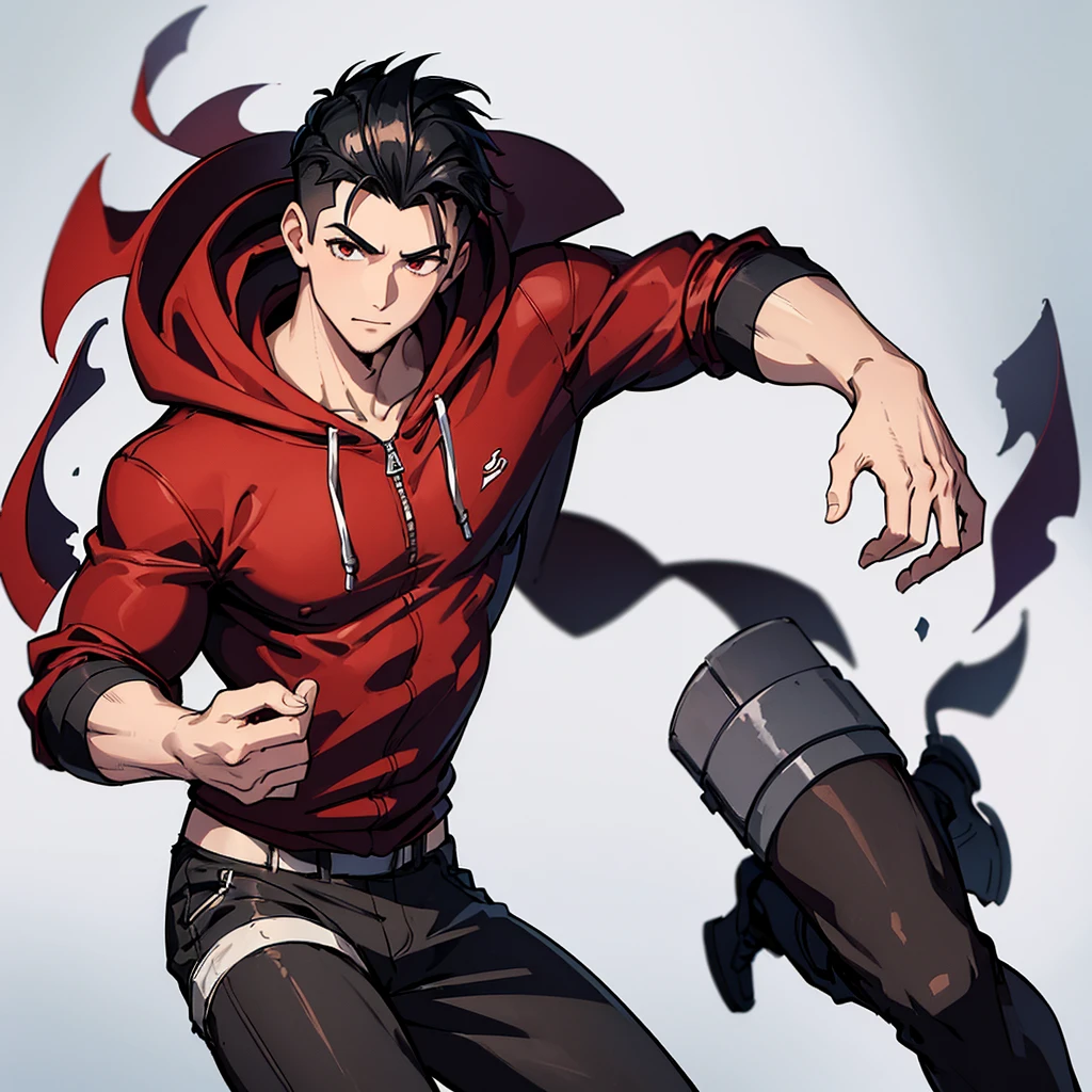 ((masterpiece, Highest quality)), (1 boy, alone: 1.4), Black Hair, Fade Undercut, Muscular man in red hoodie, 上Half Body, Half Body, Dynamic pose, Happy, White Background, figure,