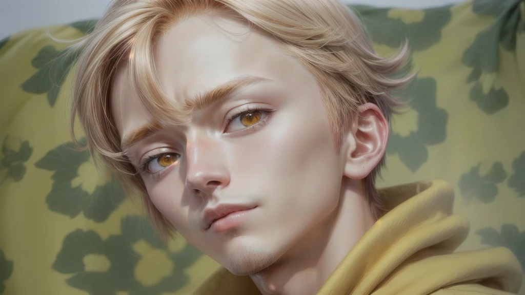 a close-up of a young man in a yellow jacket, in the anime film, orange hair anime boy, as anime character, toru furuya, boy with neutral face, manga style of kentaro miura, in an anime, kentaro miura manga style, toru narita, Shinkai Makoto, kentaro, bright, detailed eyes, more detailed hair, mouth with less filling, A more muscular and full neck, consistent with the size of the head, with only two eyebrows, one above each eye, Ultra detailed 8k image