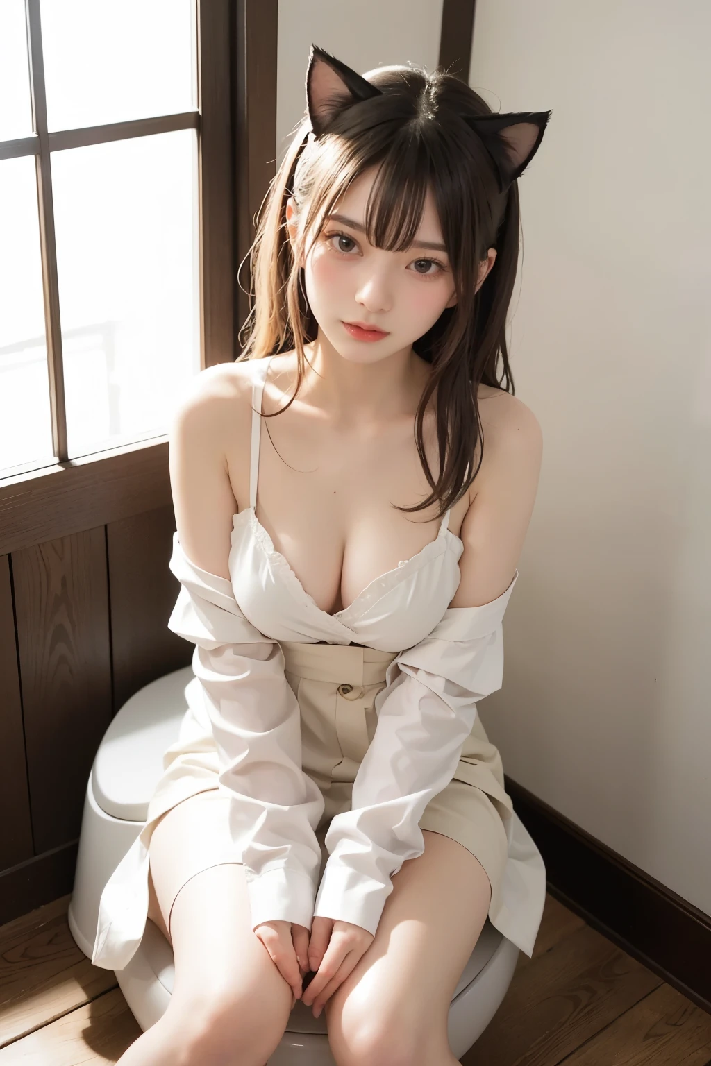 Beautiful Japanese idle, plump breast, sitting in toilet, sundown, from below, cat ears, Blushed face,